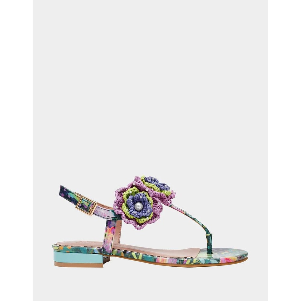 Betsey Johnson Cindii Floral Crochet Flower Pearl Flat Sandals Bright Multi Sz.8
